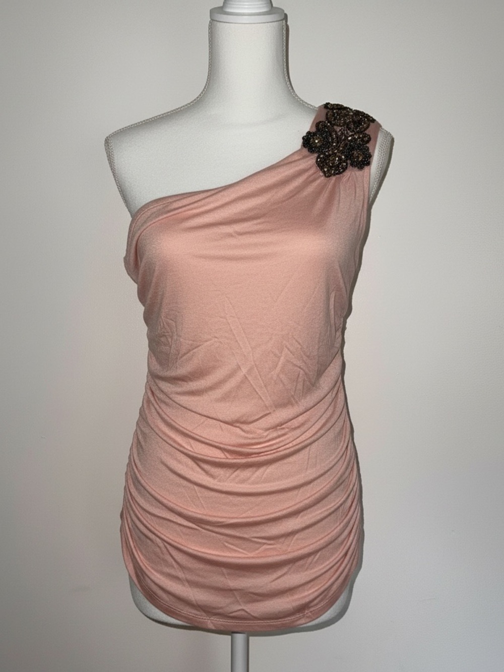 Charlotte Russe One-Shoulder Blush Pink Ruched Top with Beaded Accent